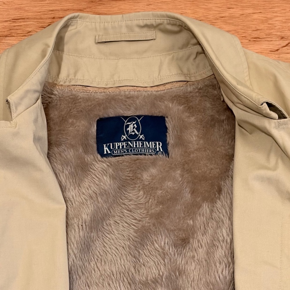 Vintage Kuppenheimer Mens Tan Trench Coat Borg Deep Pile Lining Size 46 Reg